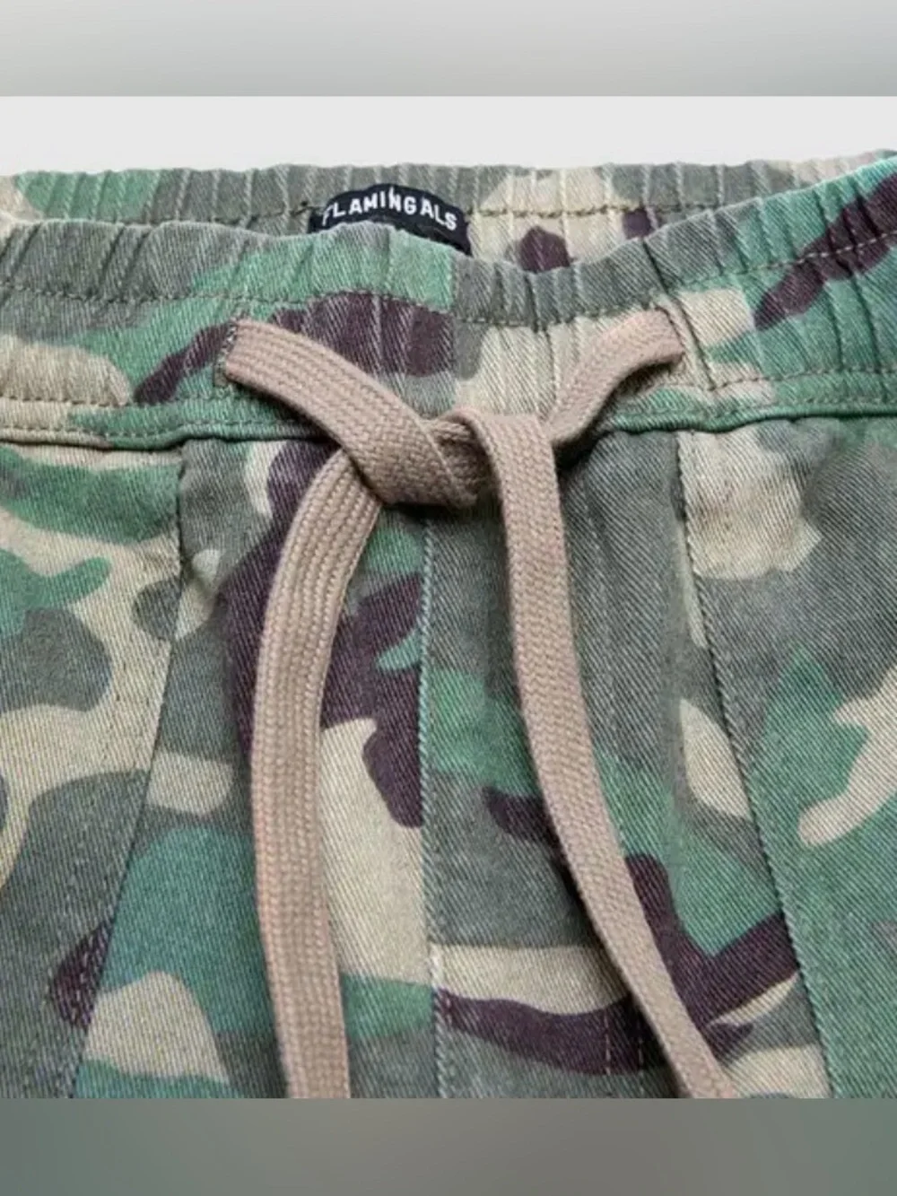 Flamingal Camo Drawstring Mid Waist Barrel Leg Crop Pants